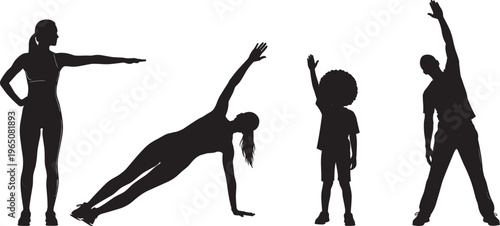 Black vector silhouettes of people practicing yoga and fitness exercises including side plank and stretching poses isolated on white background for health design.