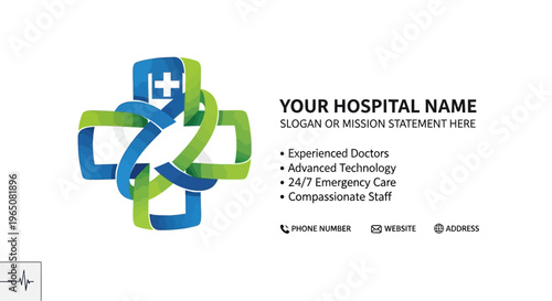 Modern Medical Cross Logo with Hospital Contact Information on White Background