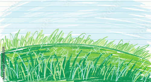 Illustration stylisée d'une colline d'herbe verte sous un ciel bleu clair, dessinée avec des traits de crayon texturés pour un aspect artistique.