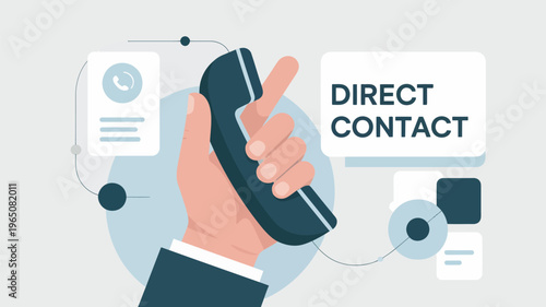 A hand holding a phone with a direct contact sign and various communication icons around it.