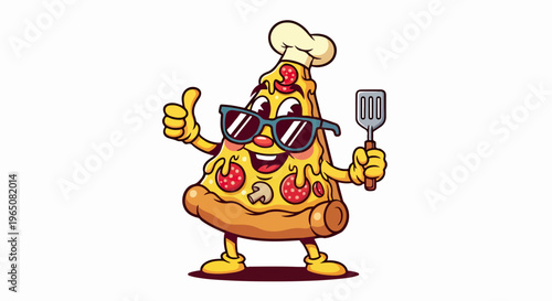 Illustration vectorielle d'une part de pizza cool avec lunettes de soleil, toque de chef et spatule faisant un geste de pouce levé sur fond blanc.
