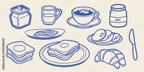 A breakfast spread with various foods in blue line art silhouette