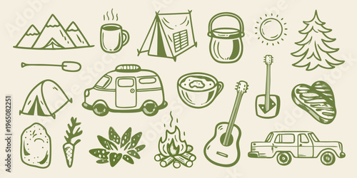 Camping themed hand drawn elements and a van silhouette