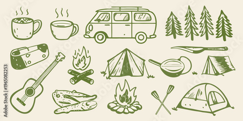 Camping themed doodle set with van tent and campfire silhouette