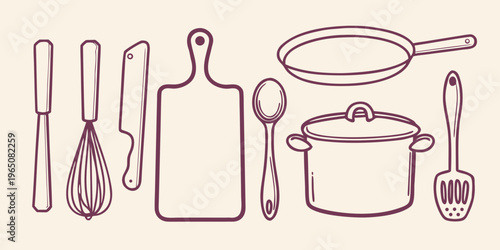 Sketch of kitchen utensils including a pot and cutting board silhouette
