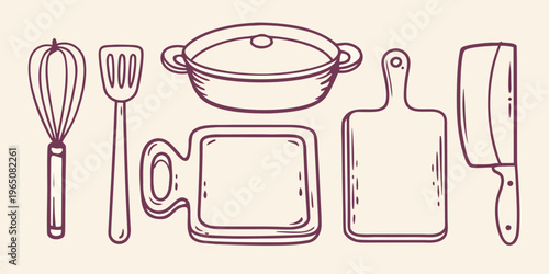 Line art kitchen utensils arranged in a simple composition silhouette