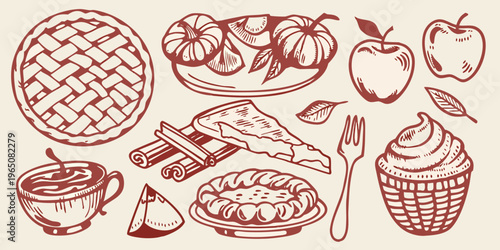 Autumnal apple pie and dessert arrangement in a vintage silhouette