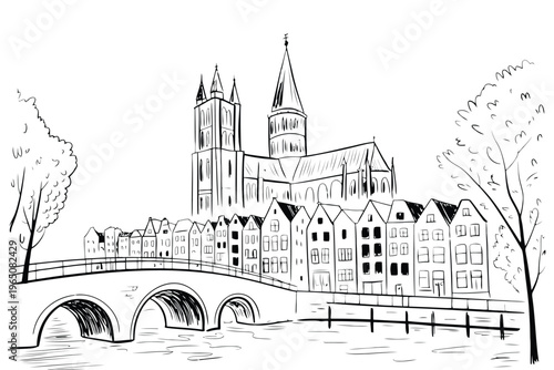 Black and white of historic european city with bridge and cathedral