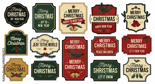 Ensemble de badges rétro Joyeux Noël et Bonne Année illustrés avec des éléments festifs comme des branches de sapin et des rubans élégants.