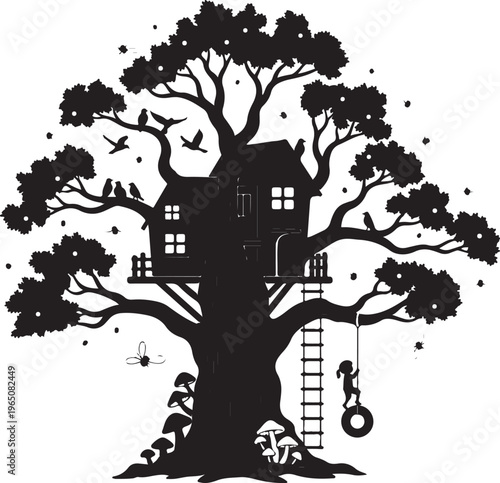 Whimsical treehouse silhouette with ladder and playful details, Generative Ai
