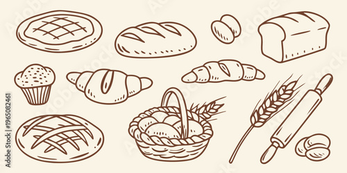 Variety of baked goods and wheat a charming hand drawn silhouette