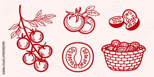 Red tomato illustrations with leaves and a basket graphic silhouette