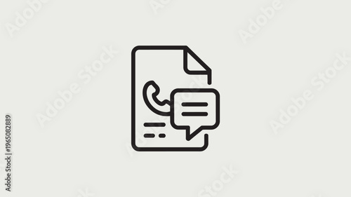 A simple black and white icon of a document with a phone and speech bubble on a plain background