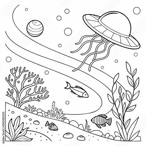 Ocean-Themed Solar System Coloring Page with Marine Elements