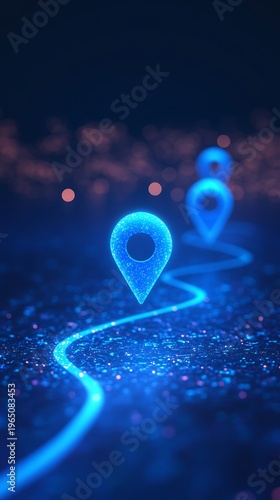 Brilliant blue glowing location pins illuminate a winding digital path
