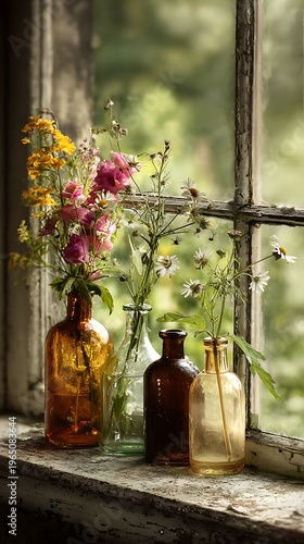 Fresh garden flowers bloom in vintage glass bottles on a sunlit windowsill