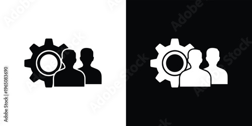 Black and white of two people with a gear silhouette