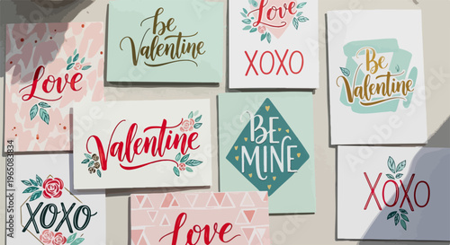 バレンタインデーに向けた手書き風カリグラフィーのメッセージカードセット。パステルカラーの背景に「Love」や「Be Mine」の文字と繊細な花のイラストが描かれた、おしゃれで温かみのあるグリーティングカードのデザイン。