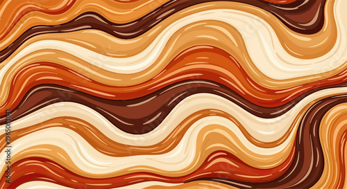 チョコレートとキャラメルソースが滑らかに混ざり合う抽象的なウェーブパターンの背景素材で、甘いスイーツやデザートを連想させる美味しそうなマーブル模様が特徴の高品質なグラフィックデザインイラストレーション。