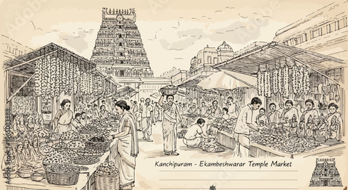 インドのカンチプラムにあるエーカンバラナータ寺院の市場を描いたヴィンテージ風のスケッチで、伝統的な衣装を着た人々が賑やかな露店で買い物をする様子や背景にそびえ立つ巨大なゴープラムが美しく表現された歴史的なイラストレーション。