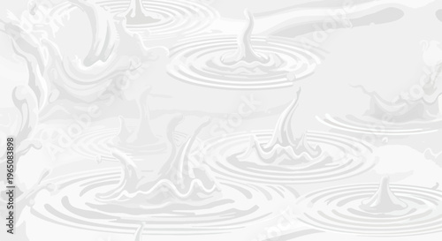 白い液体の表面に広がる波紋と飛沫を表現した抽象的な背景素材。ミルクやクリームのような滑らかな質感と、水滴が落ちた瞬間のダイナミックな動きが清潔感と新鮮さを演出する、ミニマルで洗練されたデザインの高品質なグラフィック。
