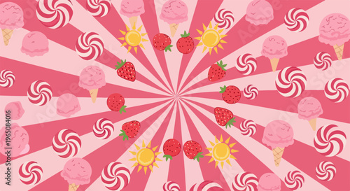 ピンクと赤の鮮やかなサンバースト背景に、美味しそうなイチゴやピンク色のアイスクリーム、渦巻きキャンディ、太陽のイラストが賑やかに散りばめられた、夏らしくてポップで可愛いスイーツをテーマにした背景用イラスト素材。
