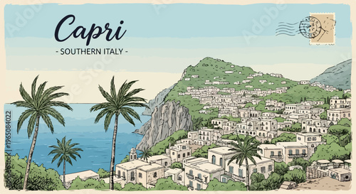 イタリア南部カプリ島の美しい景色を描いたヴィンテージ風のポストカードイラスト。ヤシの木と白い建物が並ぶ海岸沿いの街並みと青い海、切り立った崖が描かれたノスタルジックなデザインで、旅行や観光のイメージに最適です。