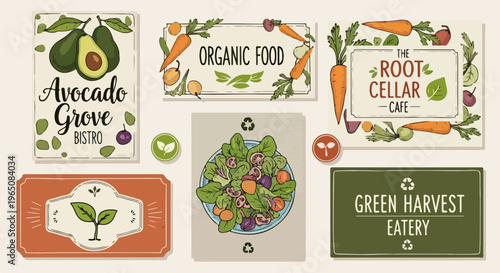 手描き風のヴィンテージなオーガニックフードラベルのセットには、アボカドやニンジン、新鮮なサラダのイラストが含まれており、レストランやカフェ、ビストロのブランディングに最適な健康的でエコフレンドリーなデザインが特徴です。