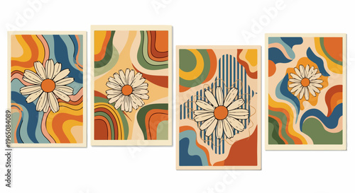 1970年代のレトロでサイケデリックな雰囲気を醸し出すデイジーの花をモチーフにした4枚のアートポスターセット。鮮やかなオレンジや緑の波状パターンが特徴的なヴィンテージ風の抽象デザインで、お洒落なインテリア装飾や壁掛けに最適なベクターイラストです。