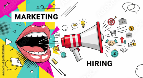 ポップアートスタイルの鮮やかな背景に、赤い唇の口とメガホンから放たれるマーケティングと採用のメッセージを描いた、ビジネス戦略や求人募集を象徴するカラフルでダイナミックなイラストレーション素材です。