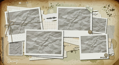 ヴィンテージ風のスクラップブックをイメージした背景素材で、しわくちゃの紙が入った複数のフォトフレームや麻紐、アンティークなスタンプなどが配置された、ノスタルジックでクリエイティブなデザインのイラストレーションです。