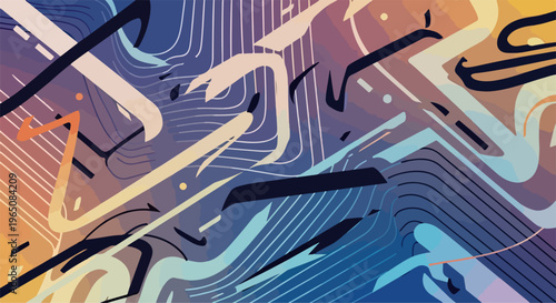 青や紫、オレンジの鮮やかな色彩が交差するダイナミックな抽象背景デザインで、流れるような曲線とシャープな幾何学的ラインが複雑に組み合わさった、モダンでエネルギッシュかつクリエイティブなデジタルアートのテクスチャ素材。