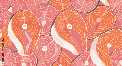 新鮮なサーモンの切り身を敷き詰めた鮮やかで美味しそうなイラストレーションの背景素材。オレンジ色とピンク色のコントラストが美しく、健康的な食生活や海鮮料理のイメージ、メニューデザインや広告に最適なグラフィックデザインです。