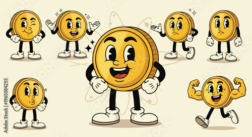 1930年代のレトロなアニメーションスタイルで描かれた、様々な表情やポーズを持つ擬人化された金貨のキャラクターセット。笑顔、ウインク、筋肉を披露する姿など、お金や投資、貯蓄をテーマにした親しみやすいベクターイラスト素材です。