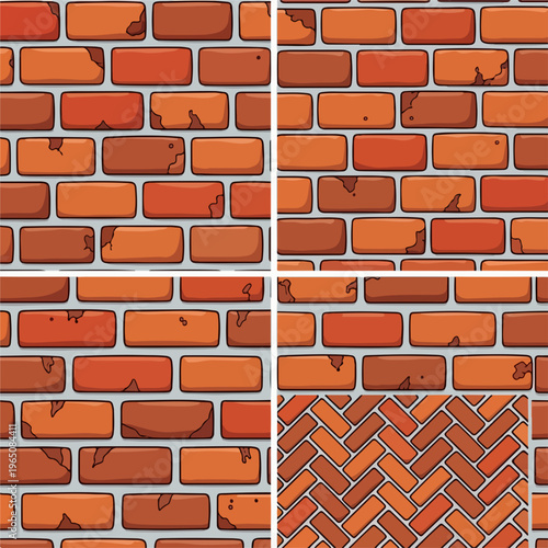 ゲームの背景や建築イラストに最適な、4種類の異なるパターンの赤いレンガ壁のテクスチャセットです。水平なレンガの積み方やヘリンボーン柄が含まれており、ひび割れや欠けなどのディテールが施されたカートゥーンスタイルのシームレスなベクター素材です。