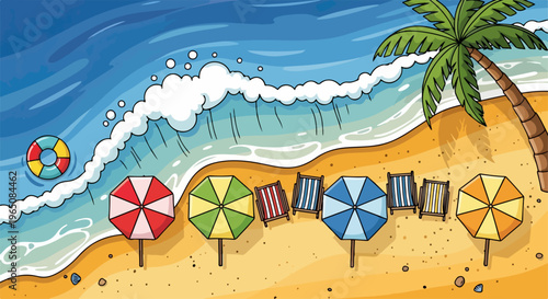青い海と白い波が打ち寄せる美しい砂浜に、カラフルなビーチパラソルやデッキチェア、浮き輪、そして一本のヤシの木が並ぶ、夏のリゾート休暇をテーマにした明るく楽しい雰囲気のポップなデジタルイラストレーション背景素材。