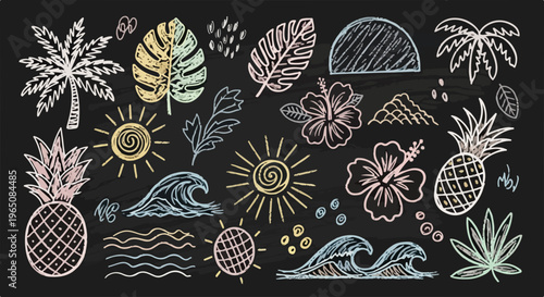 黒板に描かれたチョークアート風のトロピカルなイラストセット。パイナップル、ヤシの木、ハイビスカス、モンステラ、太陽、波などの夏を象徴するアイコンが手描き風のタッチでデザインされており、おしゃれで可愛い背景素材。