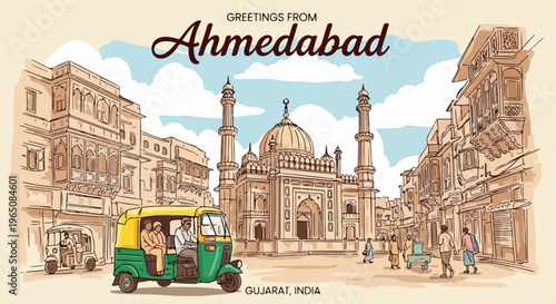 インドのグジャラート州アーメダバードの美しい街並みを描いたヴィンテージ風のポストカードイラスト。歴史的なモスクや伝統的な建築物、街を走るオートリクシャーが描かれたレトロでノスタルジックなデザインの背景素材。