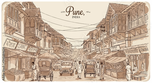 インドのプネーにある活気あふれる古い街並みを、セピア調の繊細なペン画スタイルで描いたイラストレーション。伝統的なバルコニー付きの建物、賑わう市場の商店、通りを行き交うオートリキシャや人々がノスタルジックな雰囲気で表現されており、歴史的な都市の日常風景を美しく捉えています。