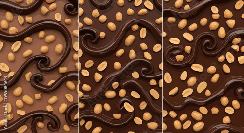 濃厚なダークチョコレートの渦巻きの中に香ばしいローストピーナッツが散りばめられた、美味しそうでシームレスなテクスチャ背景素材。お菓子作りやデザートのデザインに最適な、高品質なマクロ撮影風のグラフィックイメージです。