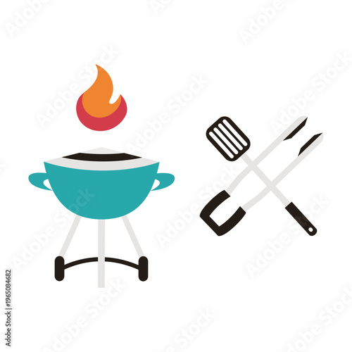 BBQ Grill and Cooking Tools Flat Icon Illustration – Barbecue Concept