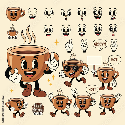 1930年代のアニメーションスタイルで描かれたレトロなコーヒーカップのキャラクターセット。多様な表情やポーズ、ジェスチャーを組み合わせたヴィンテージ風のマスコットデザインは、カフェのロゴや広告、ステッカーに最適なベクターイラスト素材です。