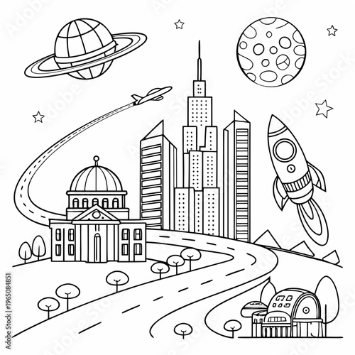 Futuristic Solar System with Planet Cities Coloring Page Vector