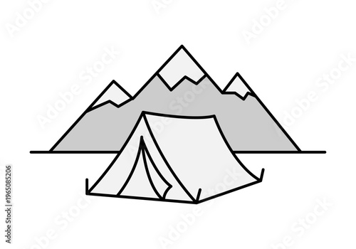 Icono lineal de una tienda de campaña frente a montañas con picos nevados para conceptos de camping y aventura