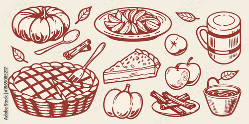 Autumn harvest still life with pies pumpkins and seasonal treats silhouette