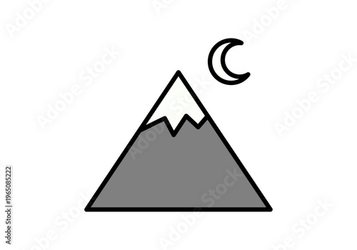 Icono lineal de una montaña con la cima nevada bajo una luna creciente en un cielo despejado