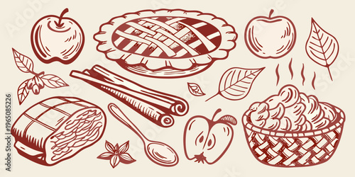 Autumn apple pie and fruit composition in a hand drawn silhouette