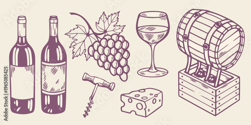 Vintage wine collection with cheese and barrel illustration silhouette