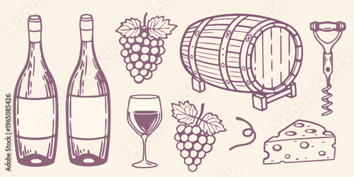 Wine making elements including bottles barrel and cheese silhouette