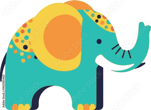 Colorful cartoon elephant waving cheerfully with vibrant polka dots and bright orange circular ear standing joyfully Vector